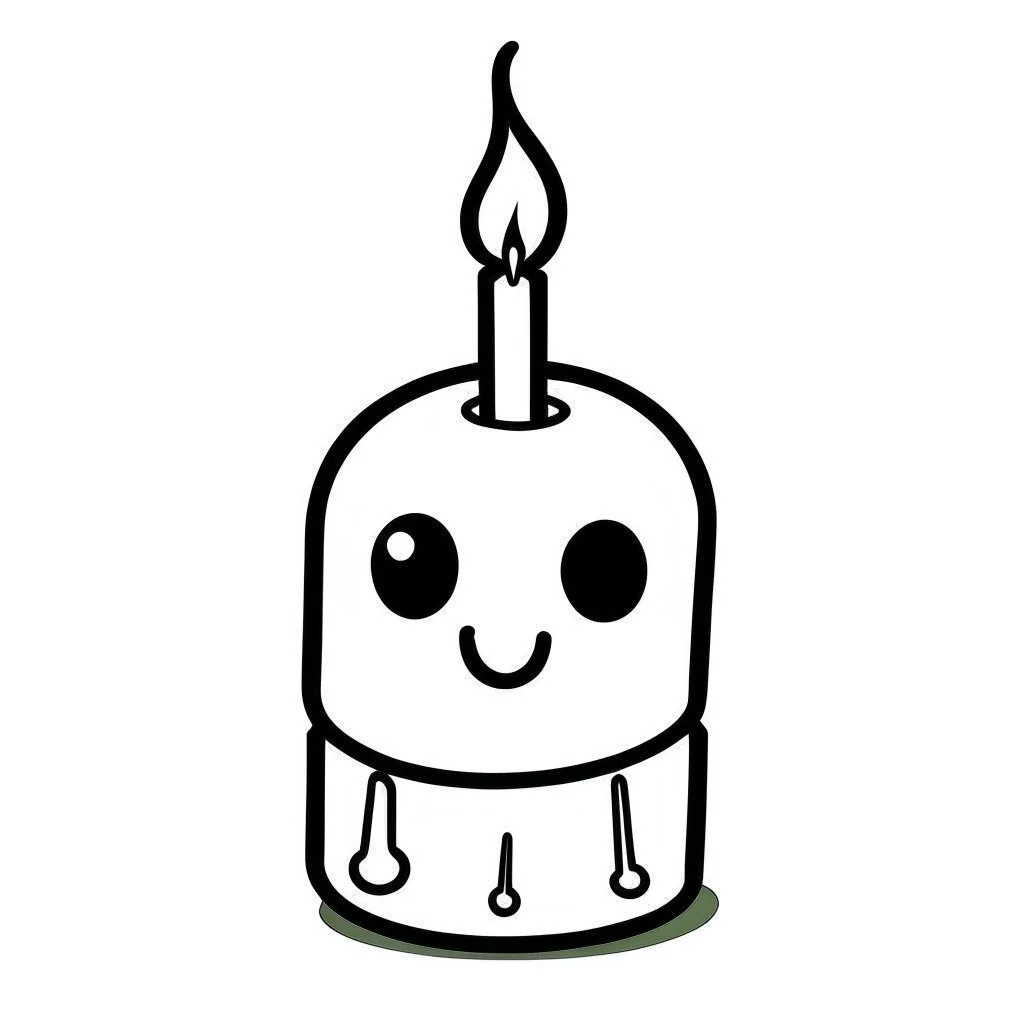 A black and white cute drawing of a Christmas Candle. Only outline, white background,for kids