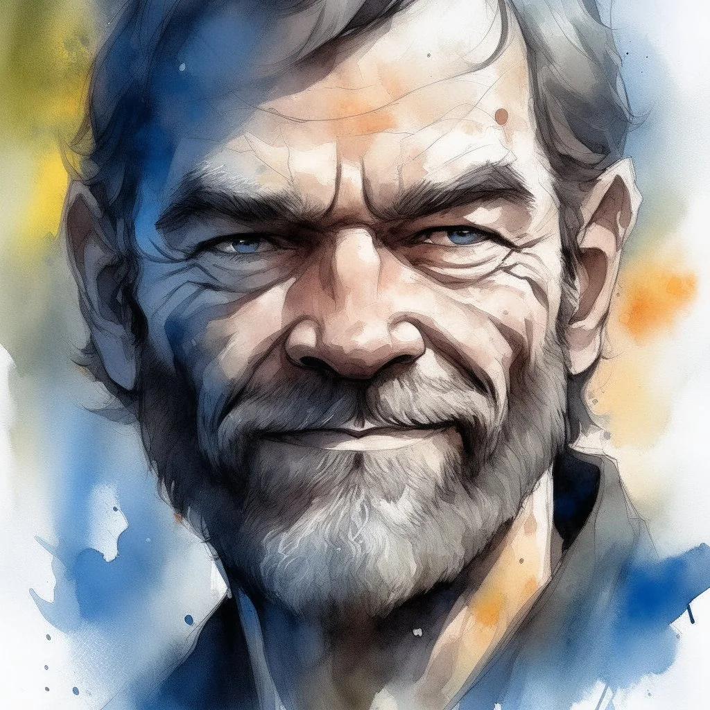dnd, fantasy, watercolour, large strokes, stylistic, portrait, illustration, male, face, weathered face, sly, violent, evil, smiling