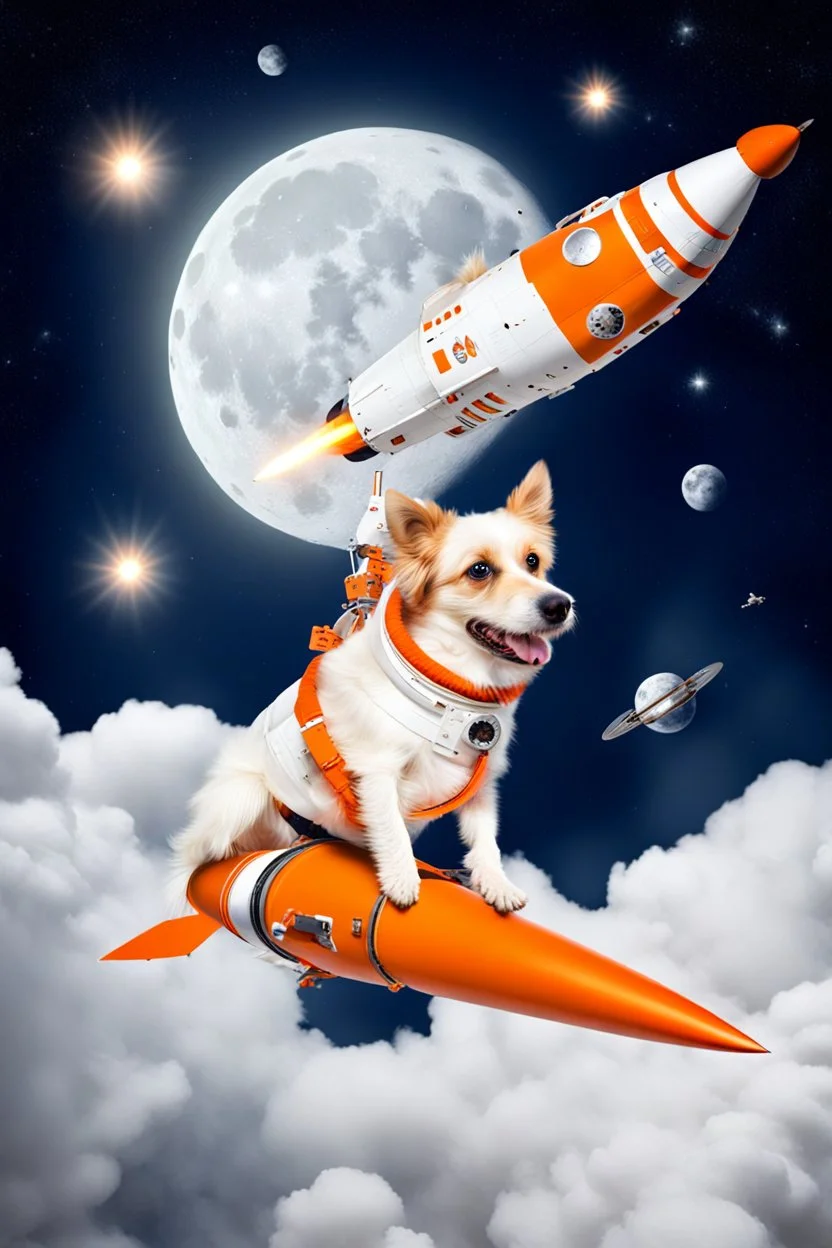 white and orange dog flies to the moon on top of the a rocket