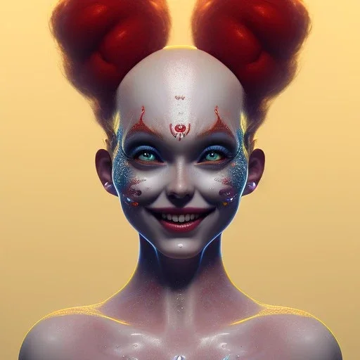 Ultra detailed very beautiful smileing cute clown girl,beautiful real skin, red nose, symmetrical, ultra detailed curl hair, soft lighting, ultra detailed face, concept art, circus,party, digital painting, octane render, art by artstation