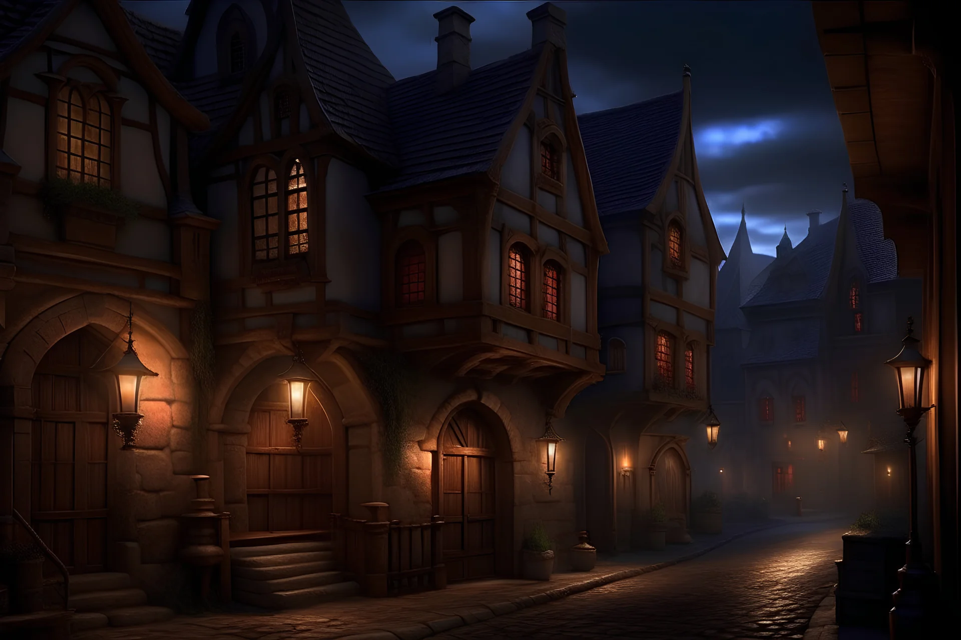 medieval inn, fantasy tow, view from streets, sign, night