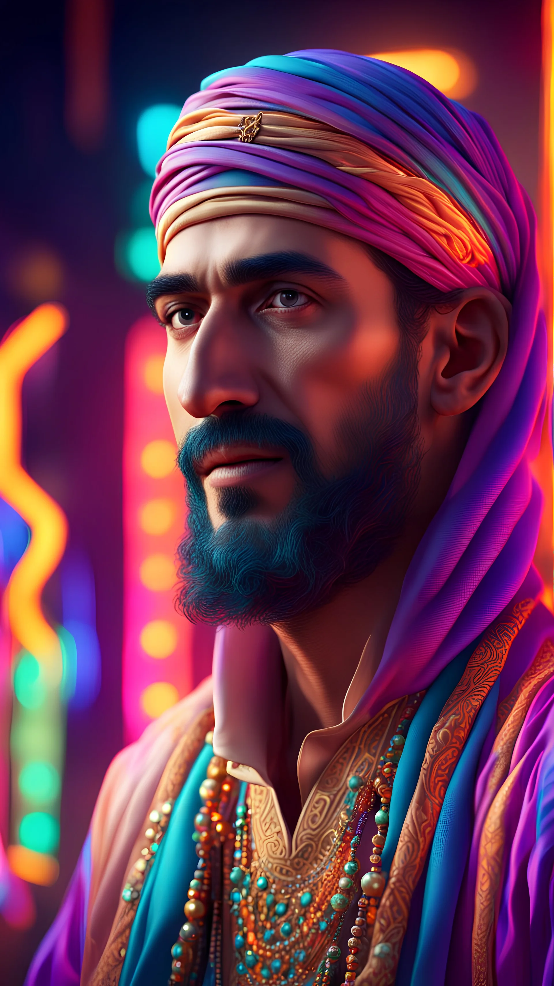 best quality, 4k, 8k, highres, masterpiece:1.2), ultra-detailed, (realistic, photorealistic, photo-realistic:1.37), arabic man, vibrant colors, neon lights, surrealistic background