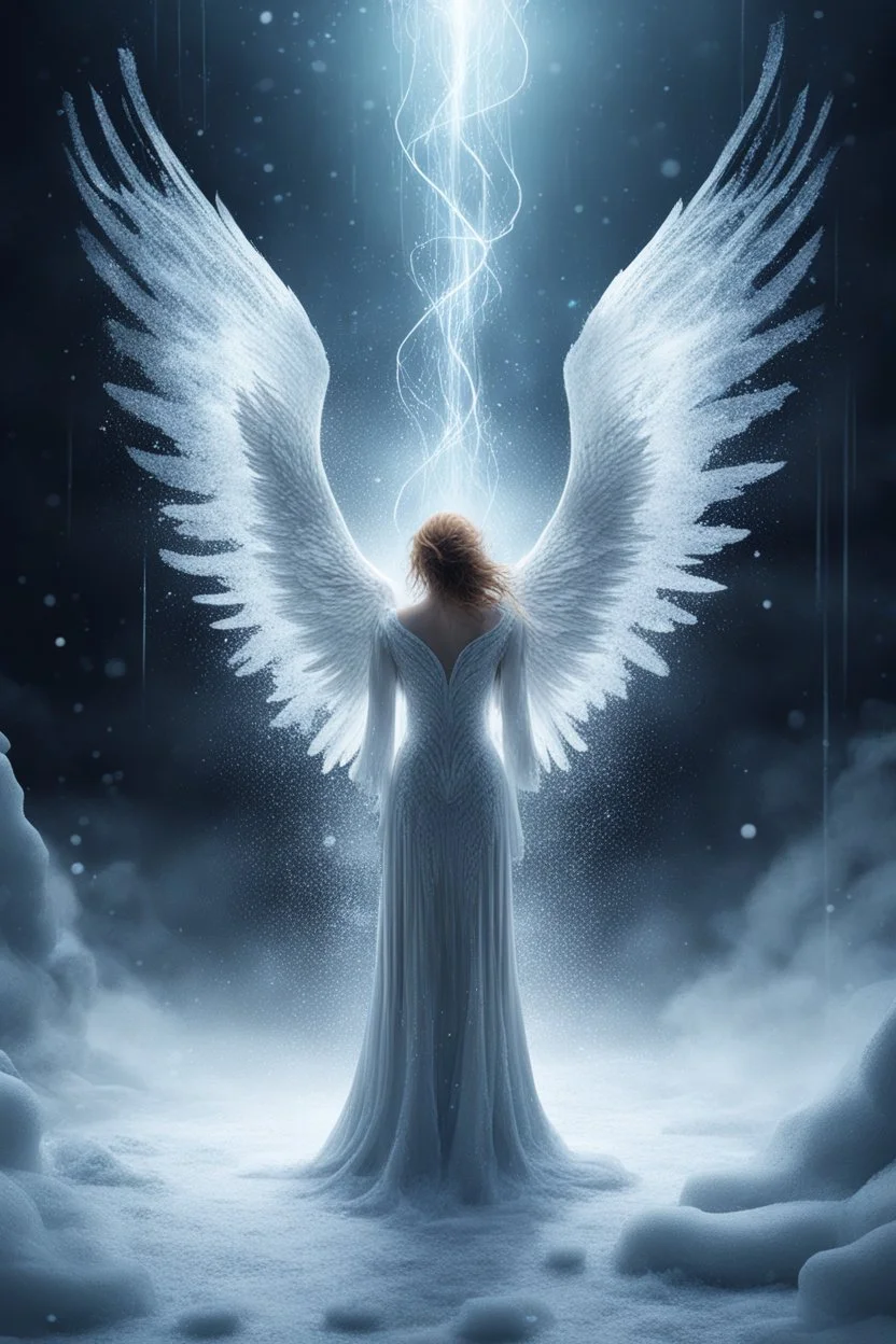 An angel standing by a musical abyss in an icy winter with cold sparks flying