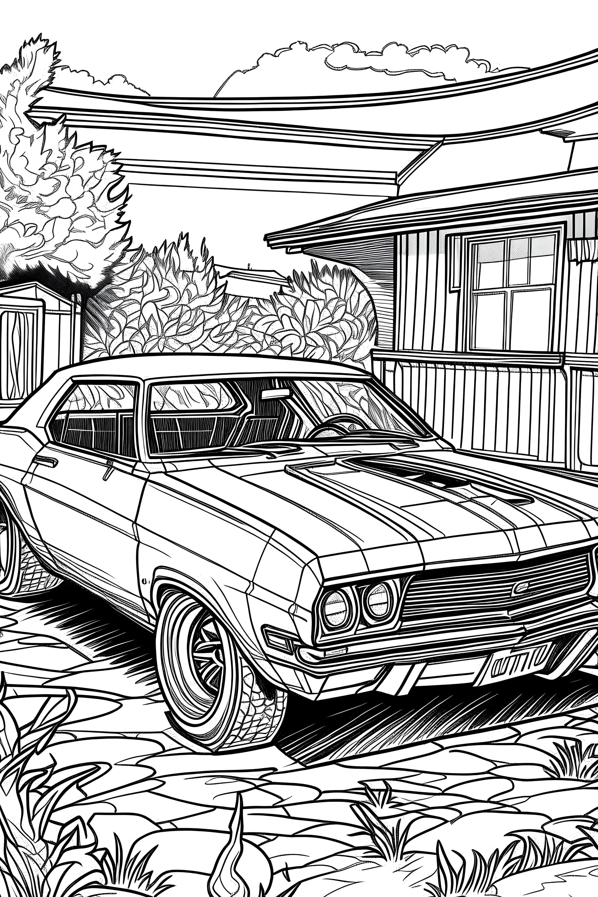 Outline art, no shading, full body car, black and white, lno shading, ow detail, --ar 9:11