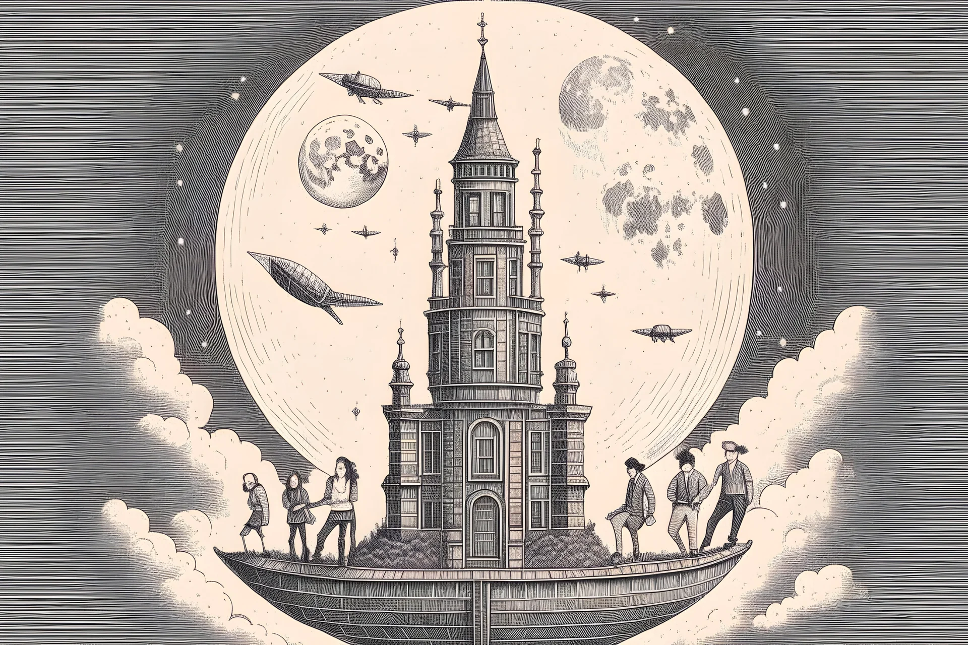 1800's art style, people on top of a rocketship to the moon