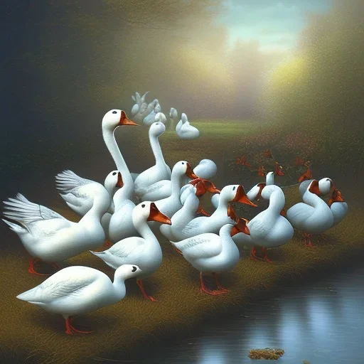 6 geese are laying eggs, digital art