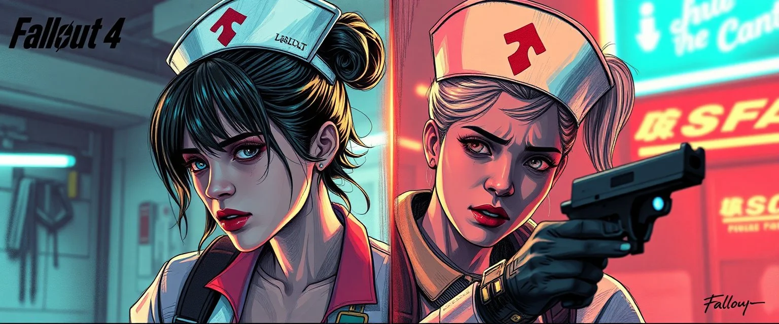 cyberpunk fallout 4, airbrush and pen outline, A cinematic, high-end advertisement image for a fictional service called “Spice Girl Nurse Party™”. Split-screen composition with two contrasting emotional states.