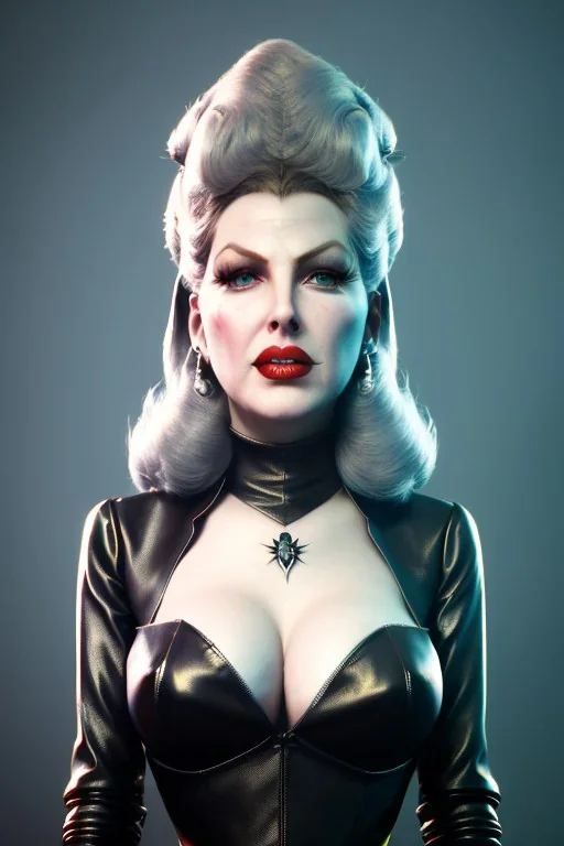 Lana Turner as evil queen in black leather, leather, busty, cleavage, angry, stern look. character design by cory loftis, fenghua zhong, ryohei hase, ismail inceoglu and ruan jia. unreal engine 5, artistic lighting, highly detailed, photorealistic, fantasy