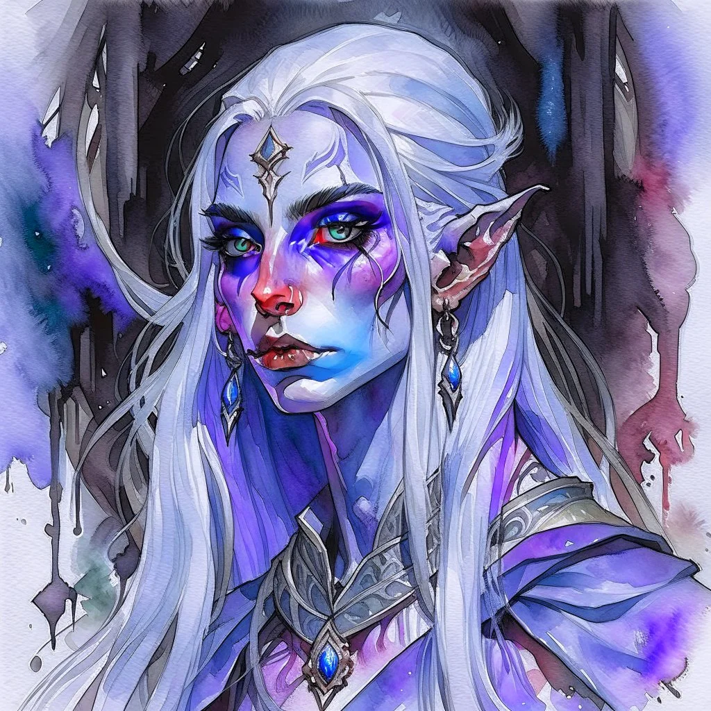 dnd, fantasy, watercolour, large strokes, stylistic, portrait, illustration, dull colours, woman, dark elf, drow, face, narrow long face, cruel face, cold demeanor, purple eyes, piercing eyes, angry expression, white hair, very long hair streaming down the shoulders, lush hair, elegant, short small mouth, cruel smile