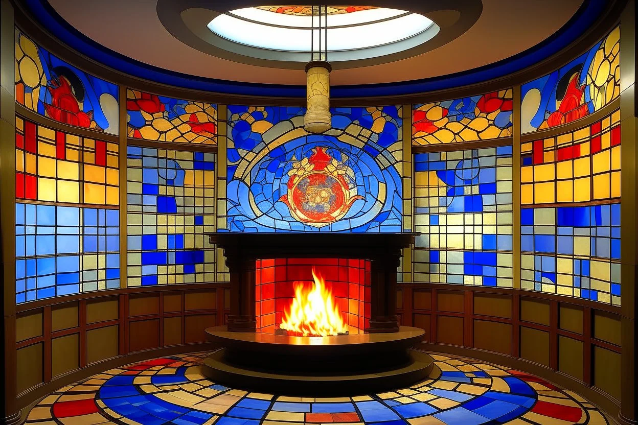 A light periwinkle rotunda with mystical flames designed in African pottery painted by Piet Mondrian