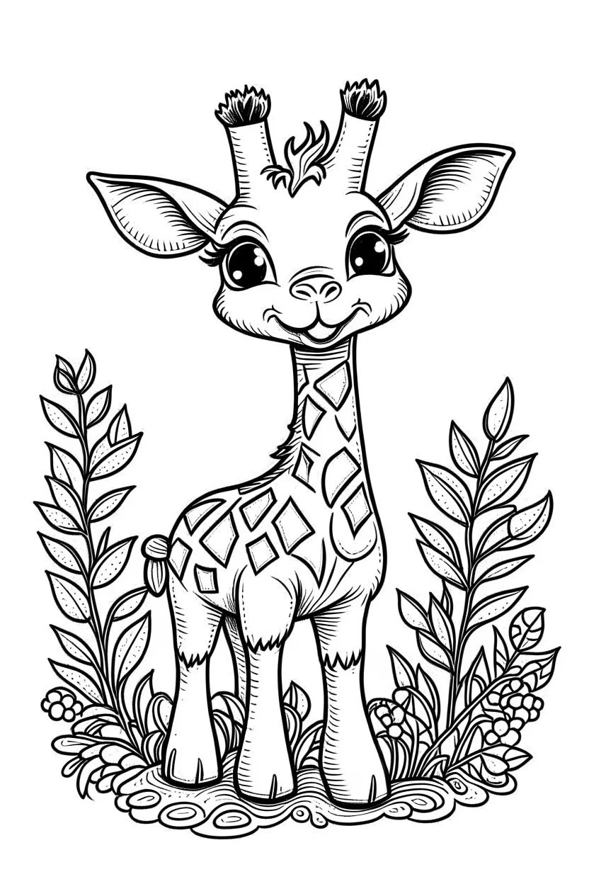 cute coloring page, sketch style, cute baby giraffe in the jungle, cute cartoon, white and black, withe background, no shadows, outline.