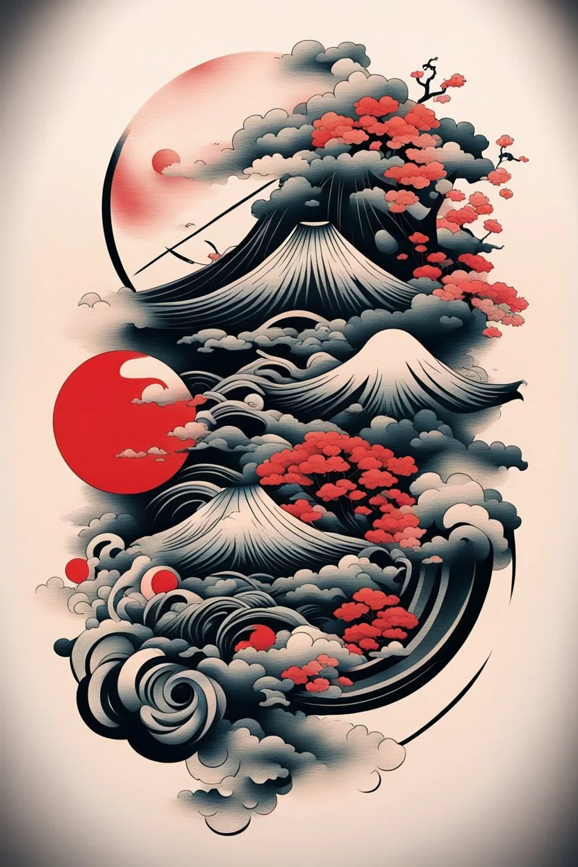 Create a captivating modern 2d colorfull ink Japanese tattoo design for print , using the elegant influences of japan art style, for print, dynamic elements from fashion and design, and bold Japanese art aesthetics, framing centered in the center, distanced from the edges of the paper perimeter, perfect anatomy, bauhaus, Divine Proportion,