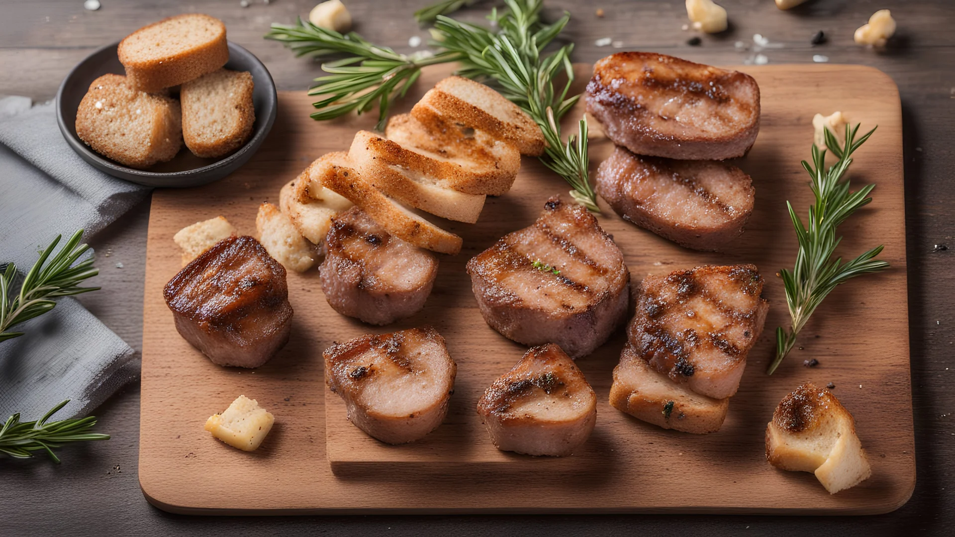 Grilled pork steak pieces with a sprig of rosemary, pepper and salt, fried pieces of bread on a wooden board. Horizontal orientation