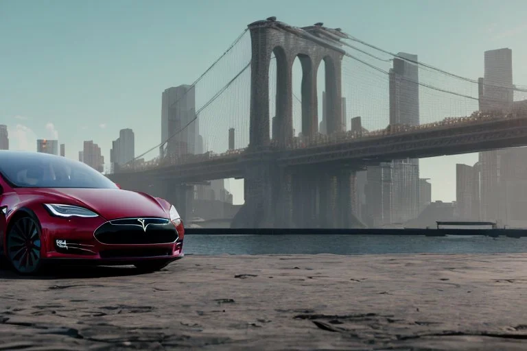 A Tesla 'Model Y' is parked, near the 'Pier 11' in Manhattan. (CINEMATIC, WIDE ANGLE LENS, PHOTO REAL)