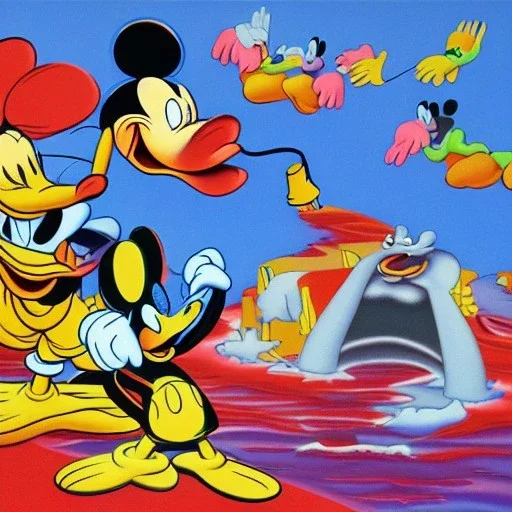 Mickey Mouse and Donald Duck by Jim Woodring in psychedelic landscape