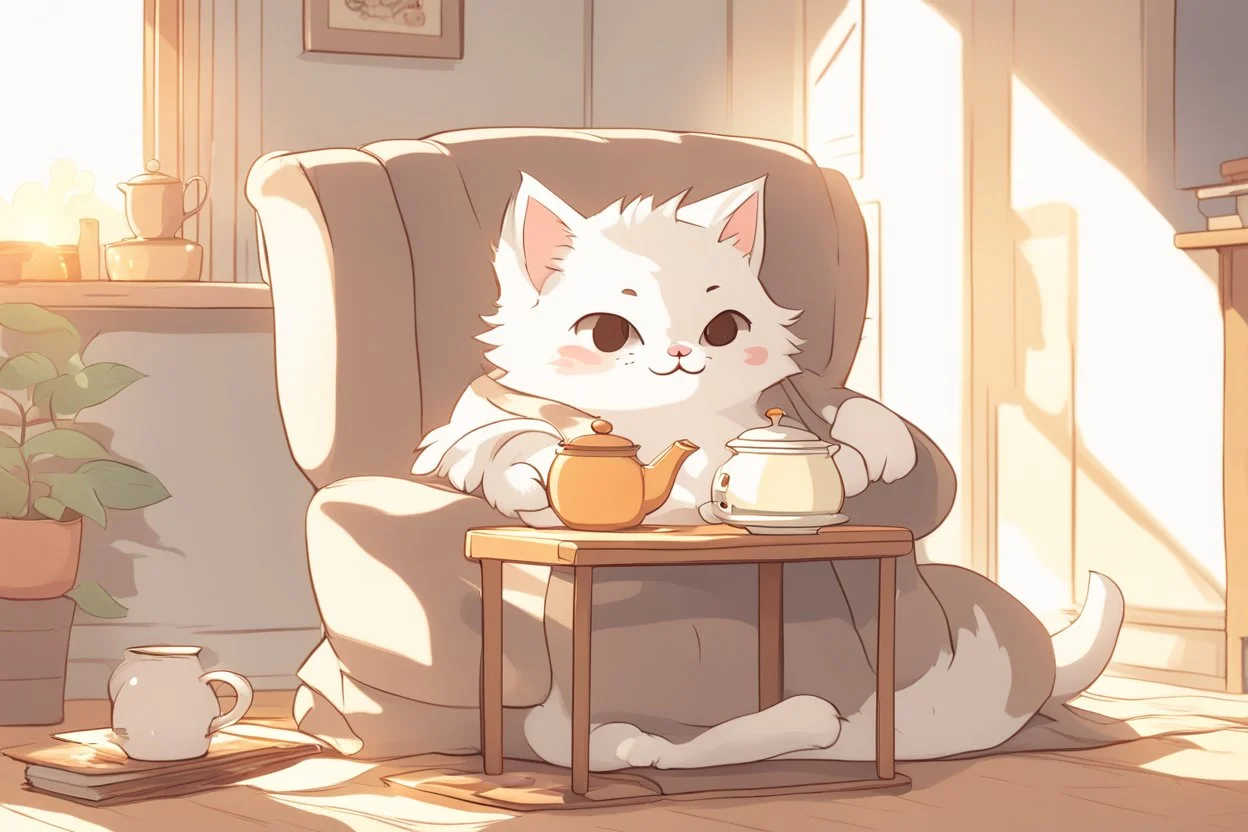 cute fluffy chibi cat reads sitting in a big soft armchair, covered with a plaid blanket, a teapot and steaming tea on a small table next to her, in sunlight. The fire in the fireplace is blazing.