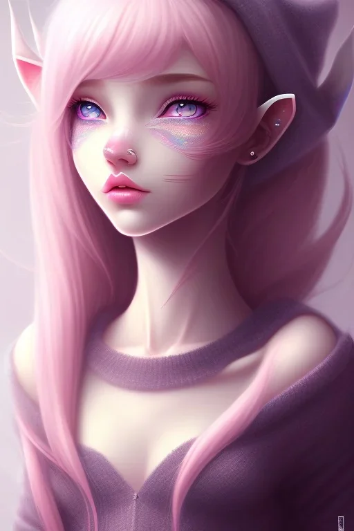 girl, cute, beautiful, big nose, pink hair, long hair, blue eyes, black sweater, long eyelashes, elf ears