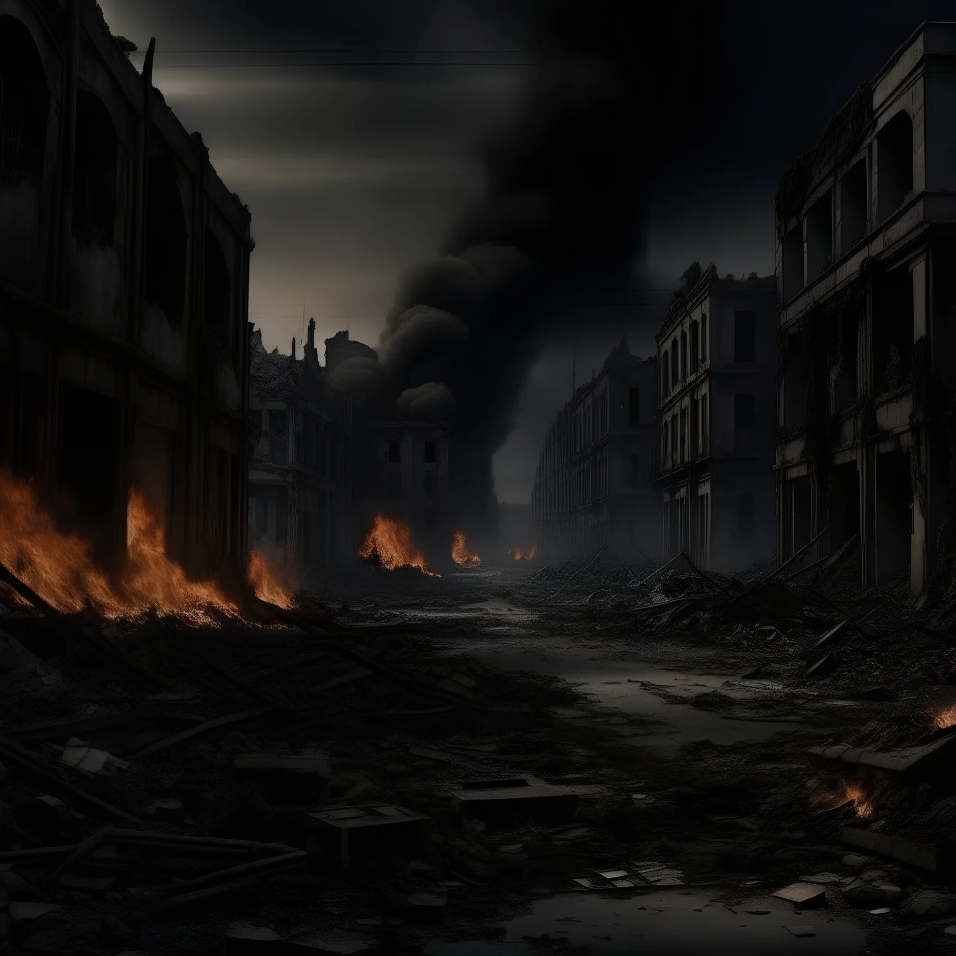 representación de un mundo en ruinas con edificios en llamas, calles llenas de escombros y cuerpos tirados en el suelo en colores oscuros y sombríos, sensación de miedo y desesperanza