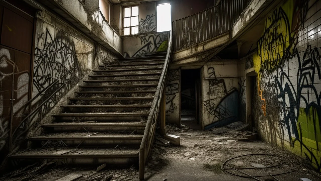 A dark, grimy, and derelict indoor space with a central focus on a rusty metal staircase. The walls are rough, uneven, and appear to be made of concrete or stone, with visible signs of decay and weathering. There are various openings and doorways leading off from the main area, some with dilapidated doors. Graffiti or markings are present on some of the walls. The floor is a mix of dirt, debris, and some wooden planks. A fluorescent light fixture hangs from the ceiling, casting a harsh, utilitar