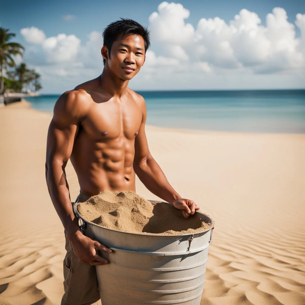 Give me an image of a philipino guy with a sand bucket