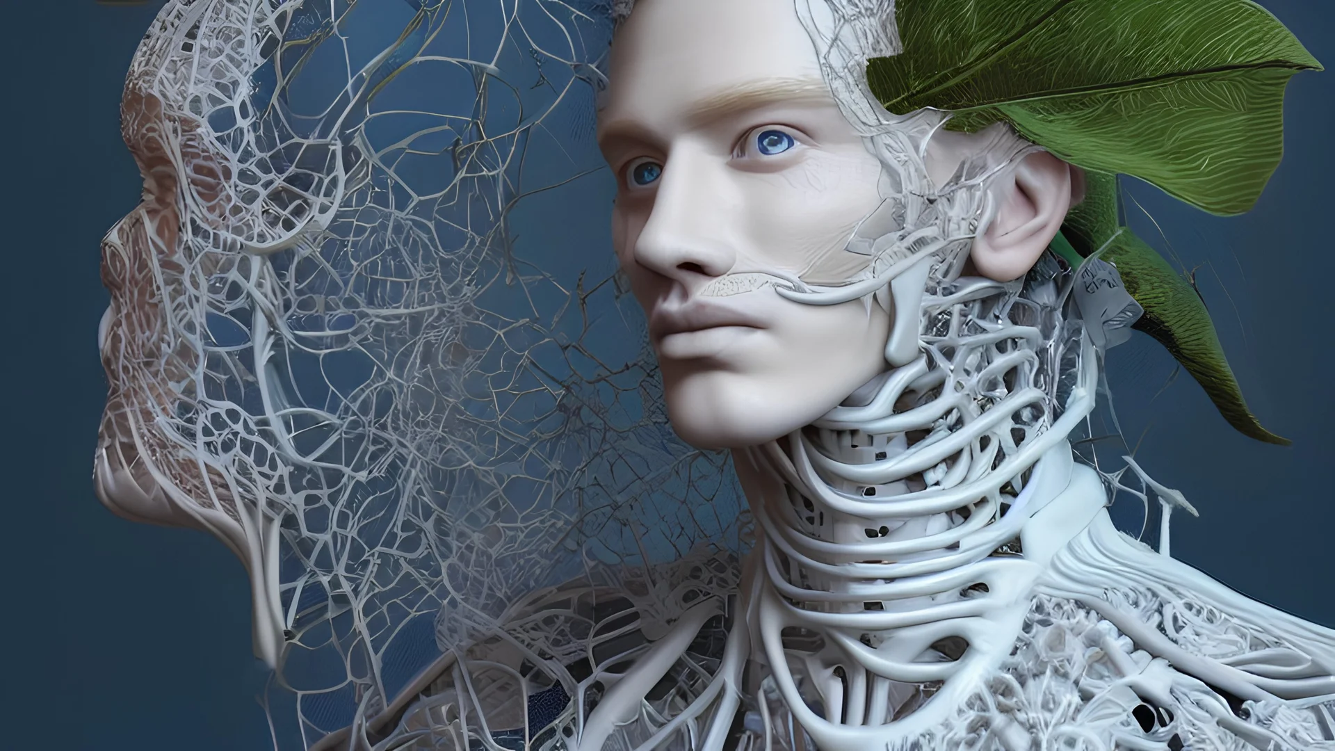 Complex 3d render ultra detailed of a handsome male porcelain profile face, biomechanical cyborg, analog, 150 mm lens, beautiful natural soft rim light, big leaves and stems, roots, fine foliage lace, colorful details, massai warrior, alexander mcqueen high fashion haute couture, pearl earring, art nouveau fashion embroidered, steampunk, intricate details, mesh wire, mandelbrot fractal, anatomical, facial muscles, cable wires, elegant, hyper realistic, ultra detailed, octane render