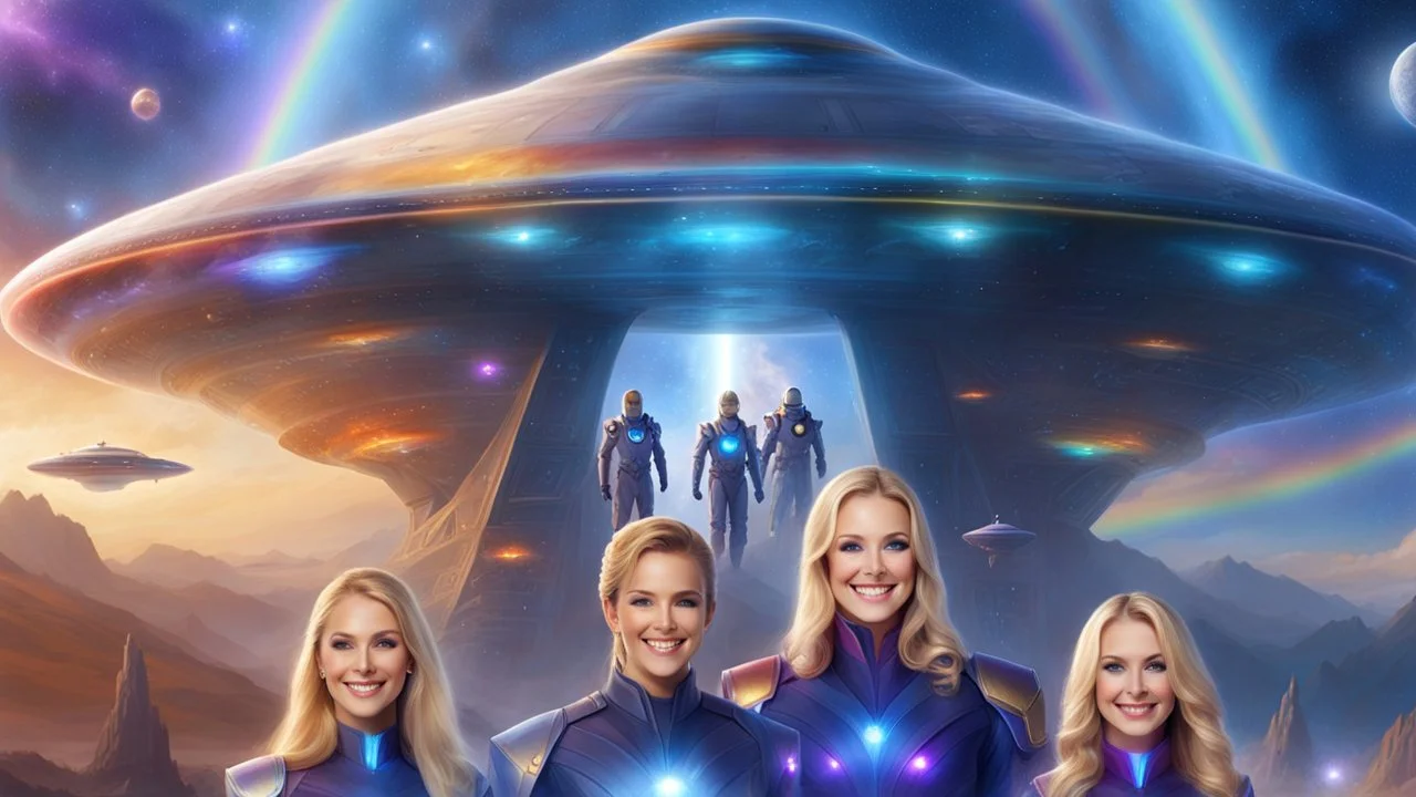 ufos rainbows,beautifuls paysages, fantastic colours,cosmic woman ,beautiful ufos rainbow, admiral from the future, galactic confédération, fine whole face, crystalline skin, expressive purple eyes,rainbow, smiling lips, very nice smile, costume pleiadian, Beautiful tall woman pleiadian Galactic commander, ship, perfect datailed golden galactic suit, high rank, long blond hair, hand whit five perfect detailed finger, amazing big puple eyes, mouth, high définition lips, cosmic happiness, bright