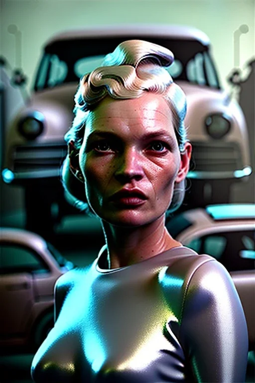 Ultra Realistic retro sci-fi, Supermarket parking scene, 1960 year, blonde woman, sweet young Kate moss face, x ray lights eyes, face makeup, tight latex coat, levitating cars, many panic people, Retro sci-fi style, soft color, highly detailed, unreal engine 5, ray tracing, RTX, lumen lighting, ultra detail, volumetric lighting, 3d, finely drawn, high definition, high resolution.