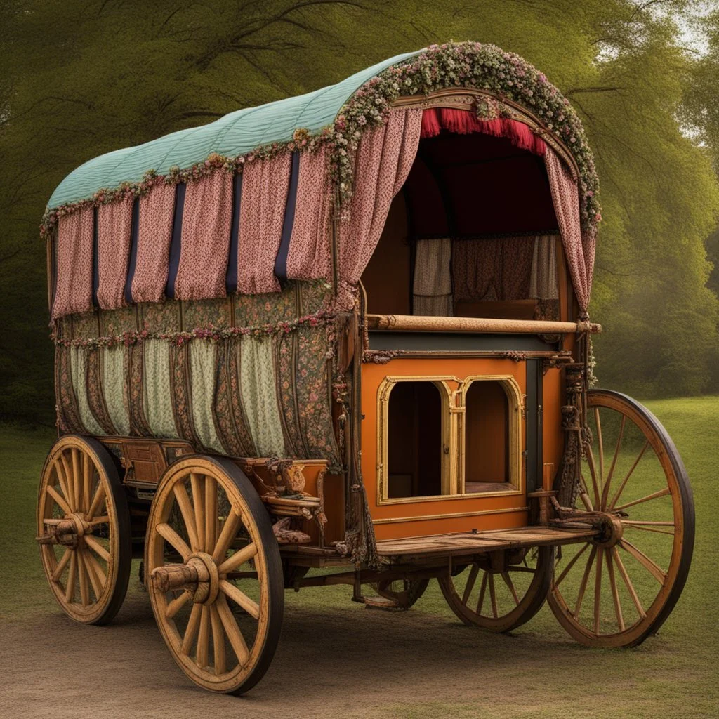 Old fashioned gypsy wagon decorated, curtains fluttering in the wind,