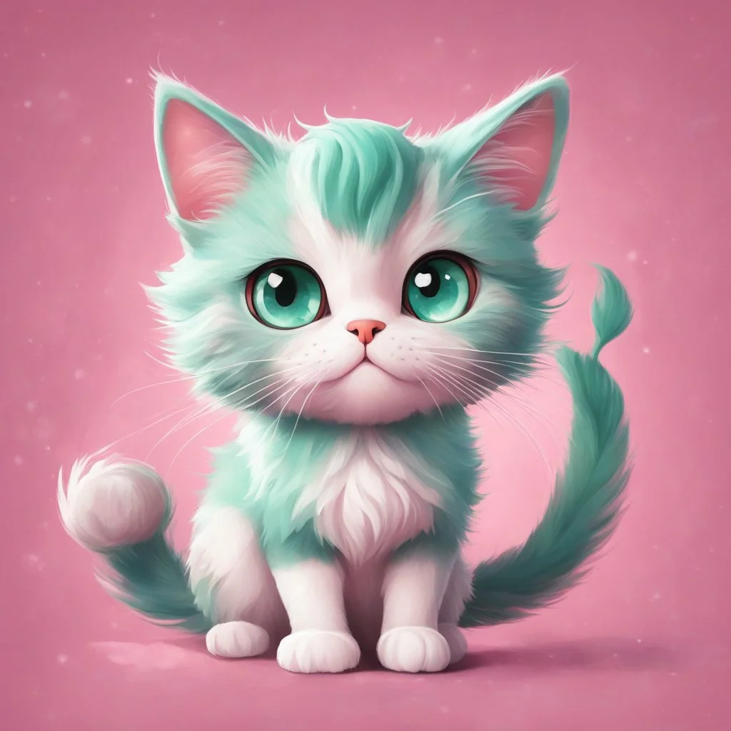 A delightful and adorable cartoon illustration featuring a cute mint-colored cat against a charming pink background, (delightful illustration:1.4), (adorable cartoon cat:1.5), (charming pink background:1.3), (expressive mint hues:1.2), inspired by the styles of cute cartoon artists, trending on ArtStation, Intricate, Sharp focus, vibrant lighting, (whimsical:1.4), (playful ambiance:1.3), (lush fur details:1.5), Cartoon, Masterful, Captivating, High Detail, Cinematic view