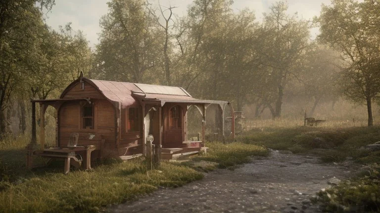 gothic gipsy caravan town in woodland with a pathway and river