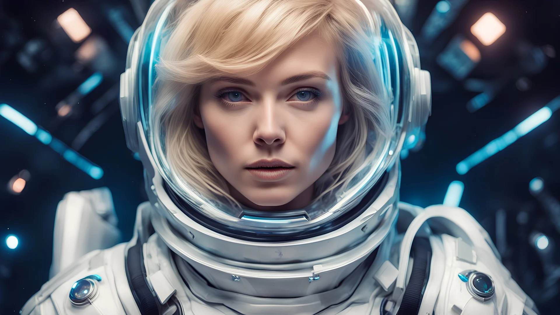 a blonde woman in a space suit with a helmet on, portrait armored astronaut girl, portrait beautiful woman in spacesuit, , blonde girl in a cosmic dress, in spacesuit, futuristic astronaut, portrait beautiful sci - fi girl, glowwave girl portrait, scifi woman, wearing futuristic space gear, jen bartel, glowing spacesuit