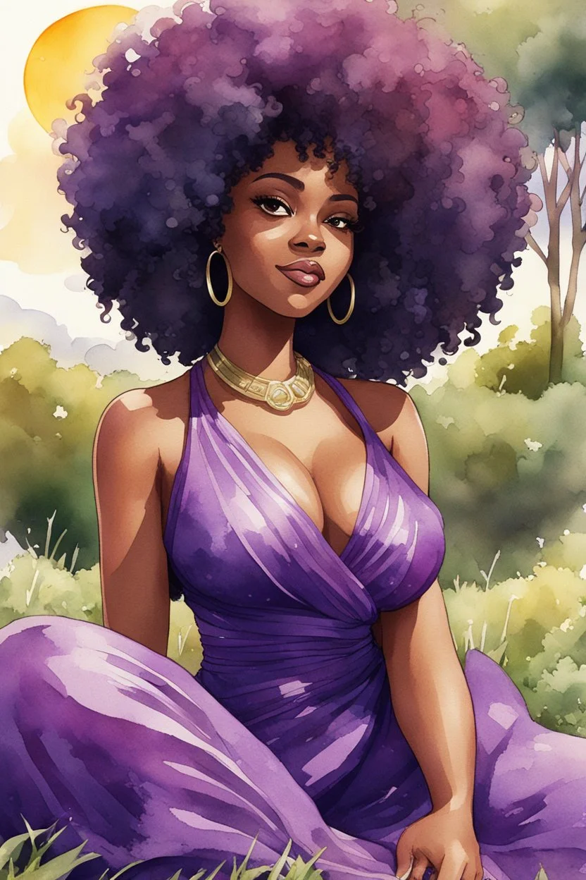 Afrofuturism watercolor image of a black female cartoon of a curvaceous woman with flowing of tight curly afro of black hair that's highly detailed, wearing a purple maxi dress. She sits relaxed on the grass facing the warm sunlight, which illuminates her face as she looks to the side with a small smile, accentuating her prominent makeup, lush lashes and brown eyes. with green and hot pink roses all around