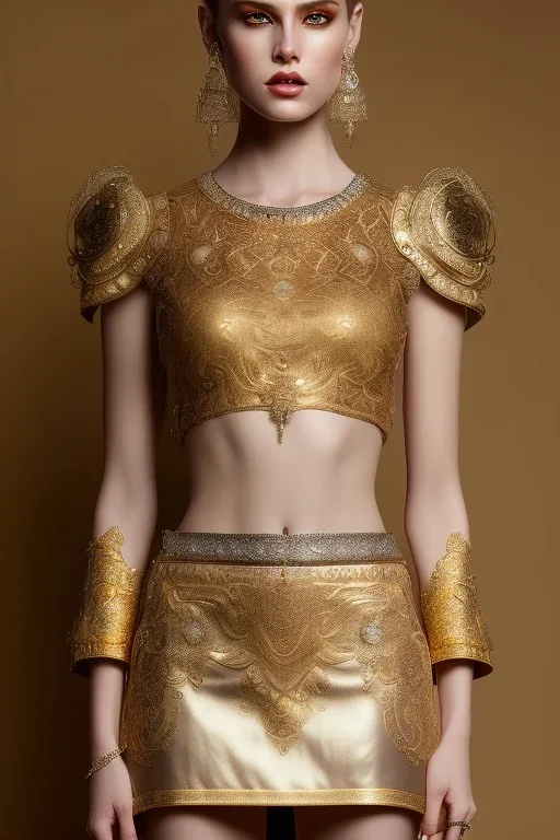 Beautiful perfect Portrait lady, full body shot, full-color long shot ornate gold filigree sheer crop top Tshirt and silver leather miniskirt positive space detailed hyperdetailed insane masterpiece picture of the day