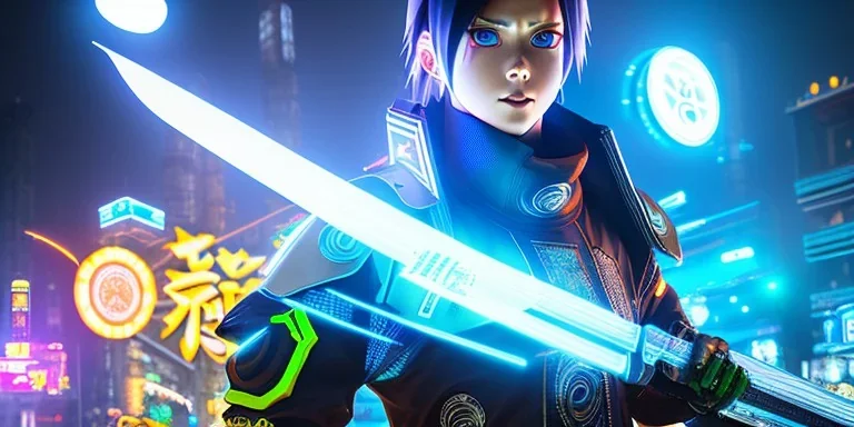 Naruto with cyber glowing swords, cyberpunk, full body, realistic, intricately detailed, neon lighting, vivid colors, neon, 64k