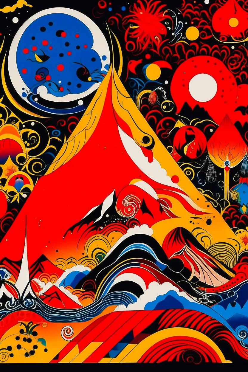 A red fiery volcano designed in Mehndi design painted by Wassily Kandinsky