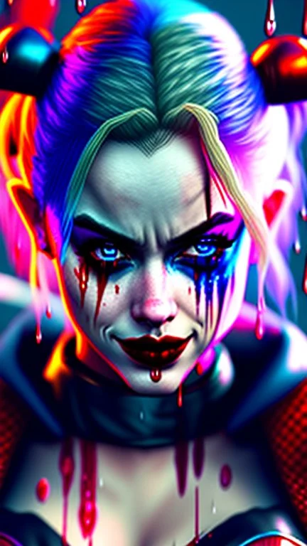 Harley Quinn, violent, high delicate defined details, beautiful, atmospheric, rain, matte, 3 d 8 k octane rendered, sharp focus, illustration, high detail, ultra realistic, highly saturated colors