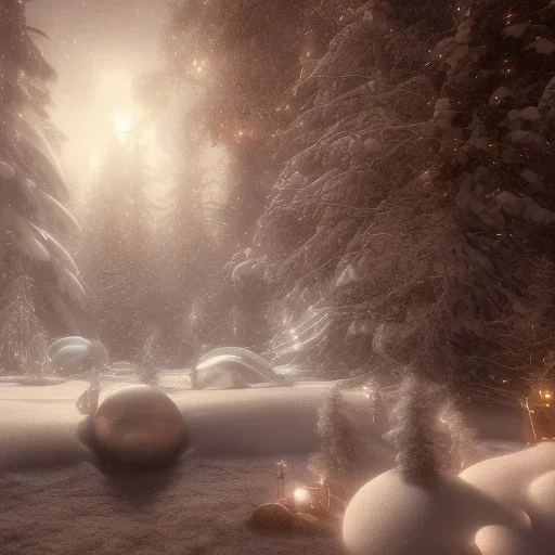 Mysterious christmas night, surreal atmosphere, cosmic backdrop, celestial ambience, soft lighting, very chilly appearance of the surroundings, unreal engine 5 volumetric lighting, intricate details, realistic style, 8k resolution