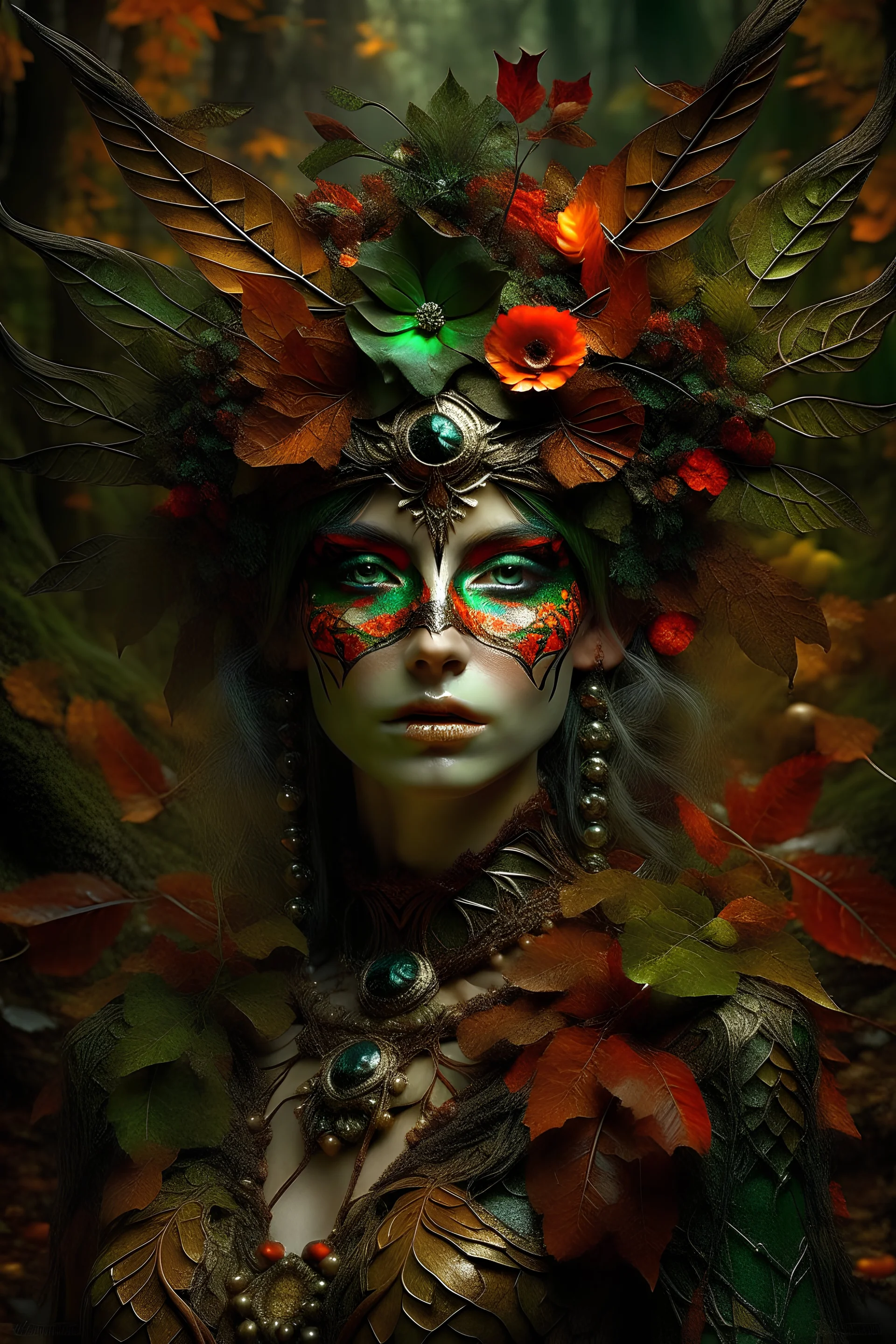 beautiful Forest fairy lady portrait, adorned with textured goth decadent autumn orange and green leaves and botanical floral voidcore shamanism floral ribbed and red berry ribbed armour in the embossed woods background , wearing forest floral and leaves fairy farl goth shamanism fairy mineral stone headdress, organic bio spinal ribbed decadent angel fairy shaman embossed floral backgreong extremely detailed hyperrealistic concept art