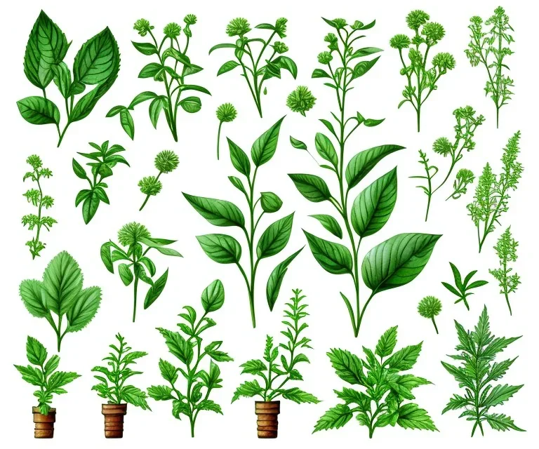 Vector plants and herb set illustration. Watercolor white backdrop