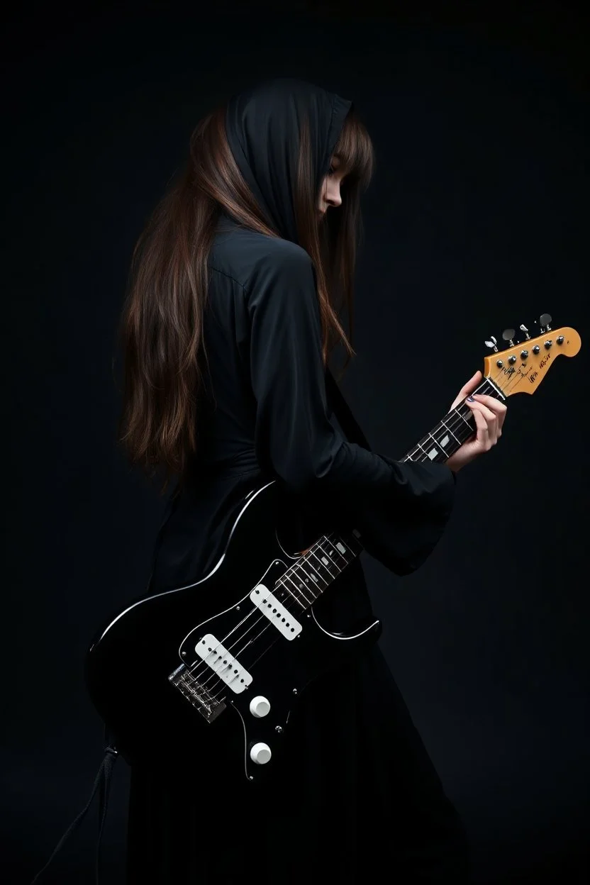 pretty goth girl(dressed in black flowing robes) facing viewer, playing electric rock guitar, leaning back, dark background, photo realism
