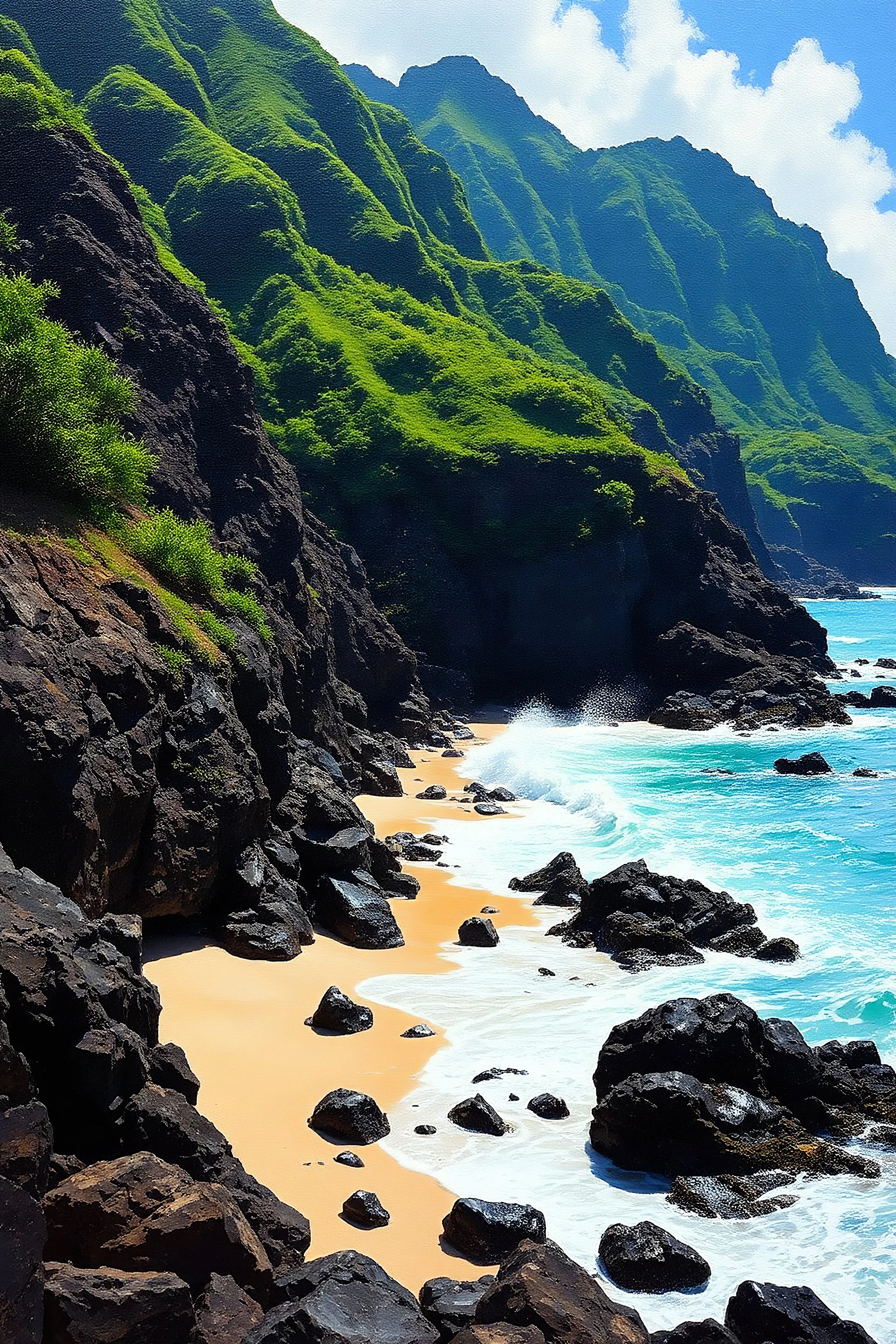 Hidden Beach, Kauai, Hawaii : A secluded beach on the north shore of Kauai, with lush green mountains rising from the ocean. The waves crash against the rocky coastline, creating a dramatic and powerful scene. Use impasto techniques to create a textured, rugged feel for the rocks, and employ chiaroscuro lighting to highlight the dramatic contrast between the dark cliffs and the bright sunlight.