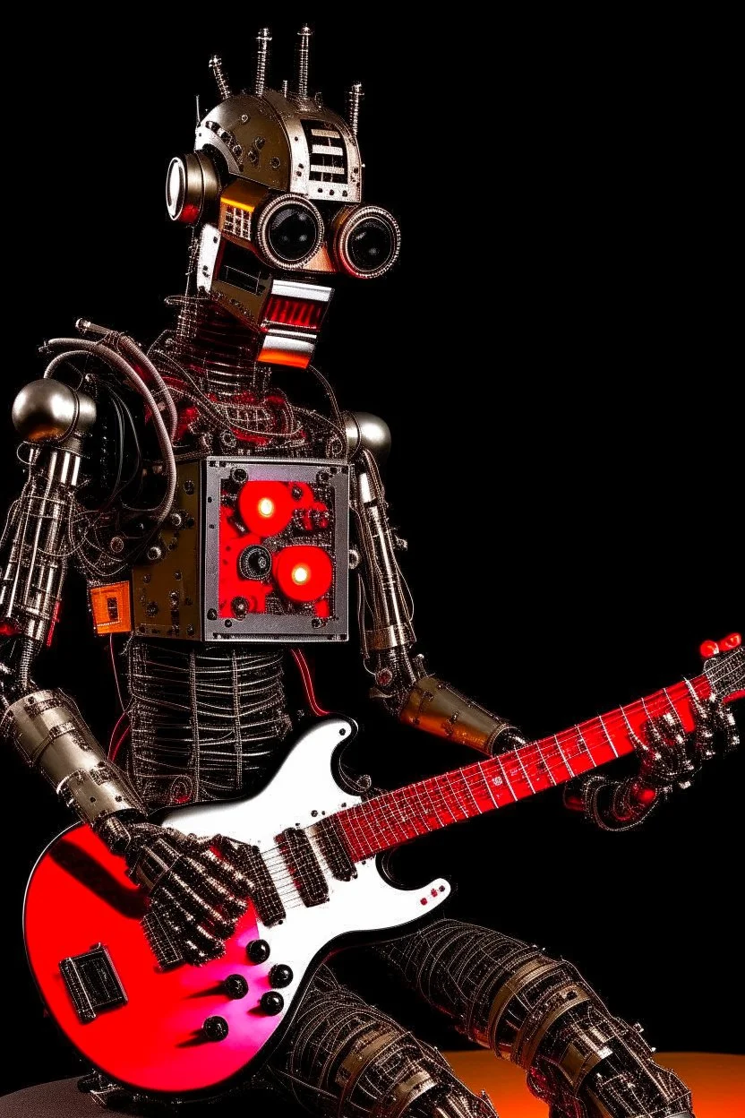 Firestarter robot hardrock with a guitar. Robot kind terminator. Seems angry against humans.