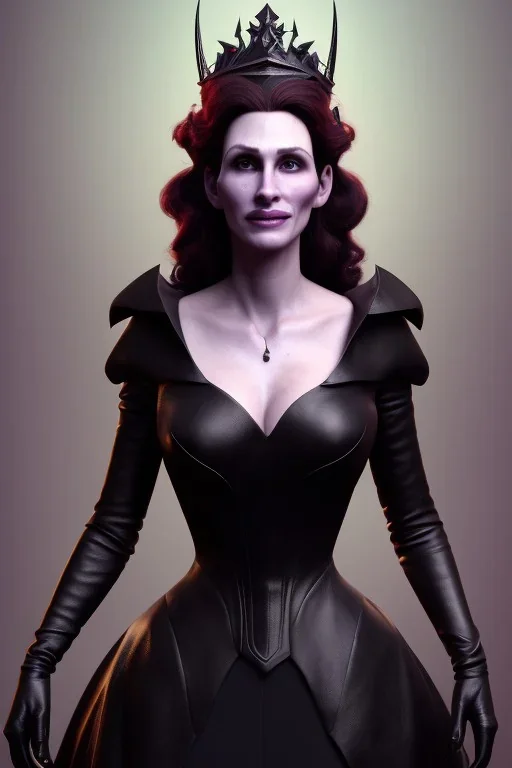 Julia Roberts as evil queen in black leather gown, evil, busty, cleavage, curvy, angry, stern look. character design by cory loftis, fenghua zhong, ryohei hase, ismail inceoglu and ruan jia. unreal engine 5, artistic lighting, highly detailed, photorealistic, fantasy