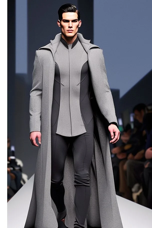 Men's winter fashion runway, super designer inspired by Superman style with the main emblem as the concept of the whole style