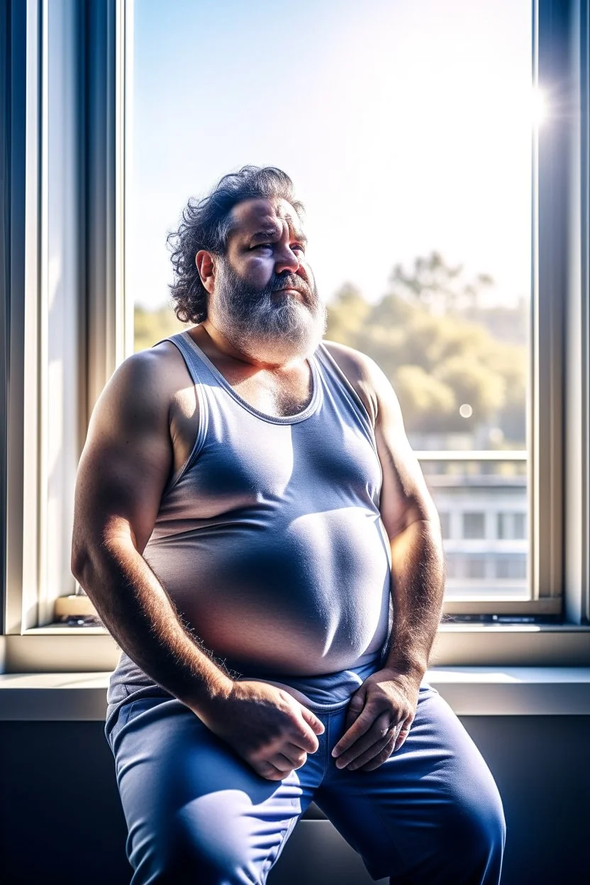 full figure shot photography of burly chubby turkish man 55 years old, at the windows , towel around the waist, bulge, hands behind the head, emotive eyes, long beard, manly chest, curly hair, sharp focus, backlit, harsh overhead sunlight, ambient occlusion , photorealistic , frontal view