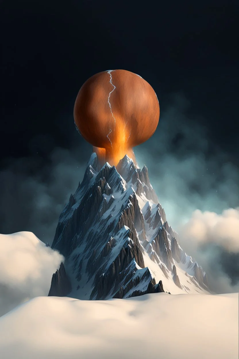 a mountain rises out of the mist into the night sky. at the peak, a giant egg is cracked open by the sharp rocks cinematic lighting, realism,HD, jordan grimmer, artstation, grim mood, looking up camera angle