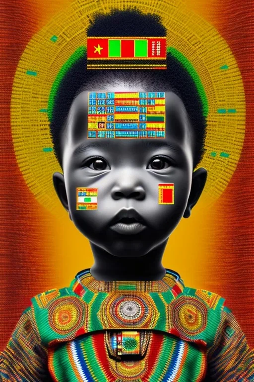 futuristic baby portrait in Kente, rusted clocks eyes, cinematic, scaffolding, ghana flag, african pattern symbols, engraved, 8k quality