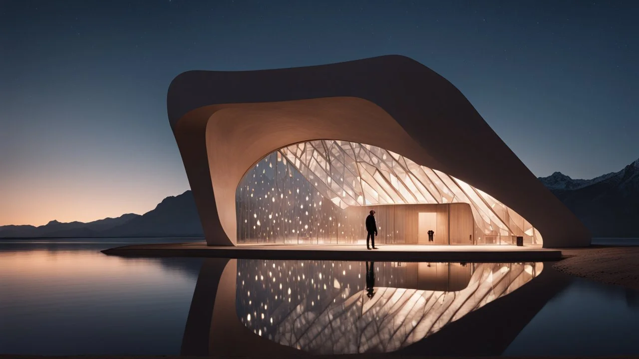 A modern architectural structure with irregularly shaped holes illuminated from within at night, a person standing in the doorway, and a body of water in the foreground with mountains in the background