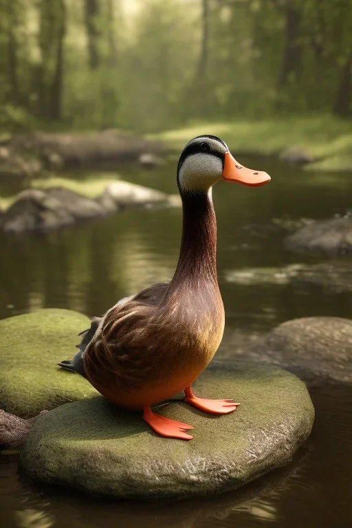 eine ente steht am bach neben einem wald fantasy art