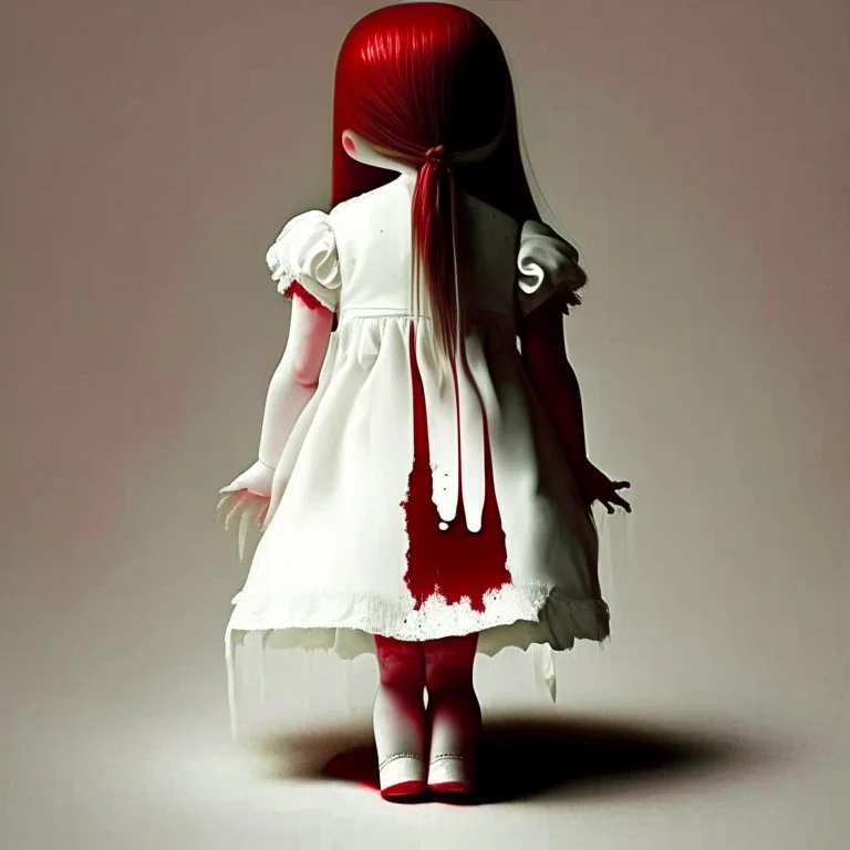 A girl's doll wearing a white dress with red blood bleeding from the back